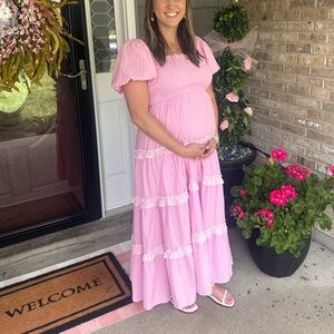 Pink Blush Pink Striped Ruffle Puff Sleeve Maxi Dress